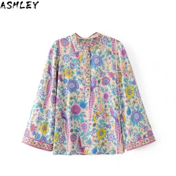 

Boho Ladies Red Blouse spring birds floral print blouses O Neck flare long Sleeve Bohemia women blouses Hippie Top