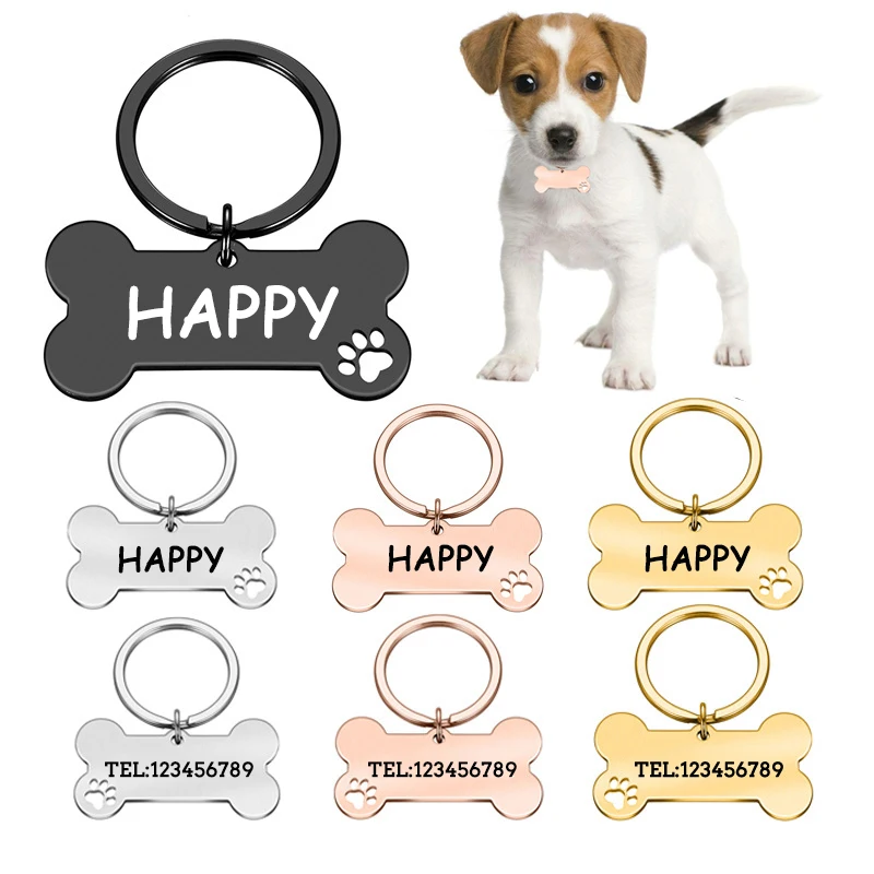 Etiqueta de identificación de mascota personalizada, antipérdida, grabado, nombre de identificación de Mascota para gato, cachorro, perro, colgante, llavero, hueso, Collar de Mascota, accesorios personalizados