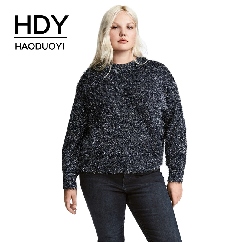 

HDY Haoduoyi New Plus Size Women O-neck Long Sleeve Solid Knitted Sweater Loose Casual Elasticity Autumn Pullovers for Female