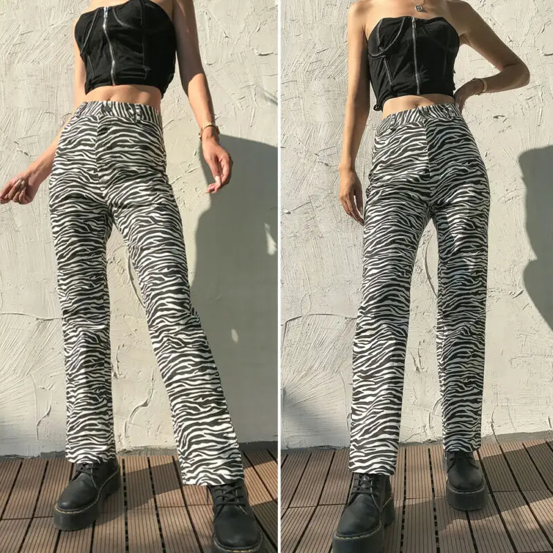 Chic New Fashion Women White and Black Animal Zebra Print Trousers High Waist Female Flares Pants Fashion Street Wear