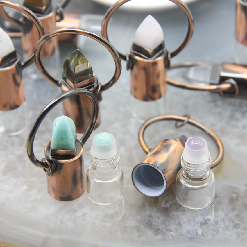 Natural Stone Amazonite Obsidian Perfume Vial Charms White Crystal Vintage Essential Oil Diffuser Roll On Bottle Pendant Jewelry