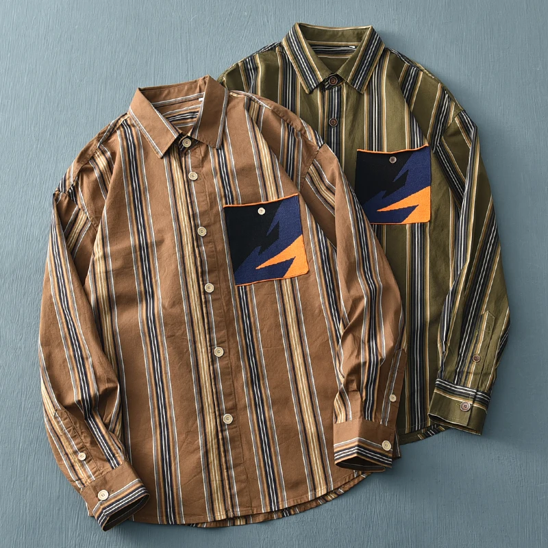 

2021 Autumn New Japanese Retro Loose Long Sleeve Lapel Stripe Shirt Men's Fashion Simple Pure Cotton Washed Old Casual Blouses