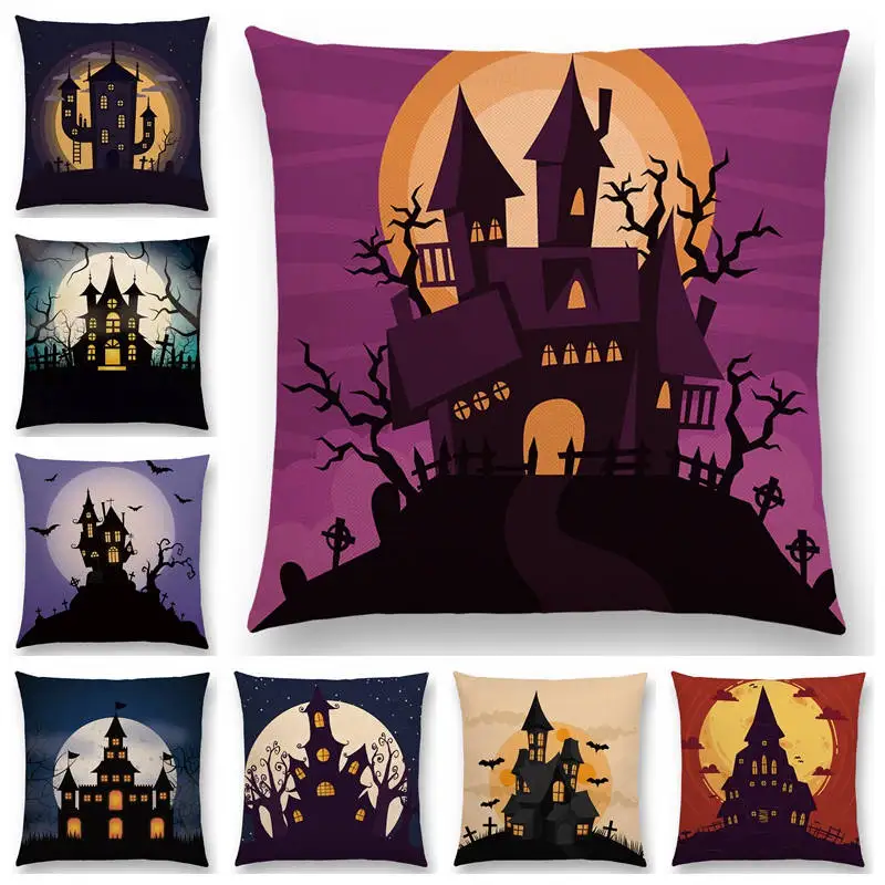 

Happy Halloween Scary Night Haunted House Vampire Castle Moon Bat Pumpkin Dark Tree Cushion Cover Decorative Pillow Case