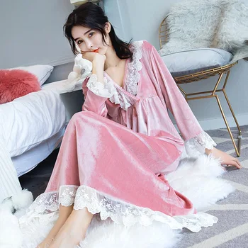 

Keep Warm Sleepwear Nightdress Elegant Solid Pink Women Nightgown Winter Nightdress V-Neck Lace Nightwear Casual Soft Homewear