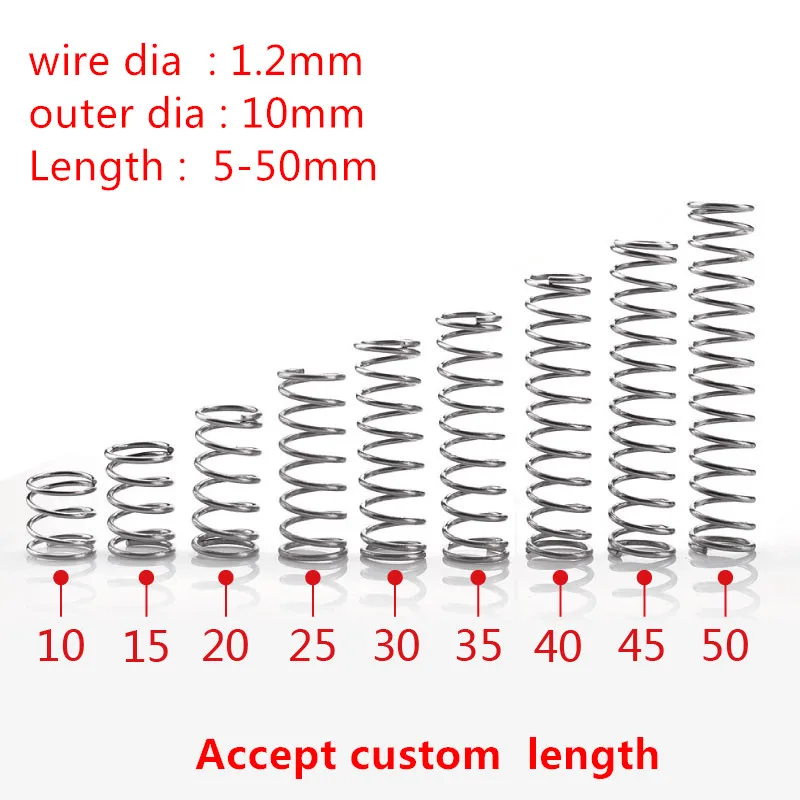 10 шт/партия 1,2 мм 1,2x10 мм из нержавеющей стали Пружина сжатия диаметр провода 1,2 мм наружный диаметр 10 мм длина 10-50 мм