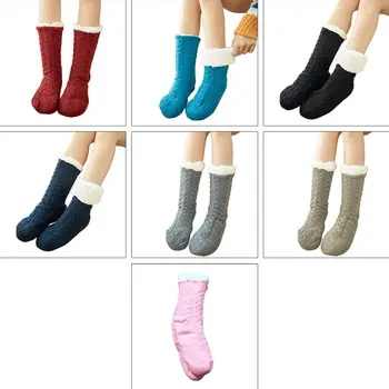 

Women Winter Warm Twist Cable Knit Fuzzy Plush Lined Slipper Socks with Grippers