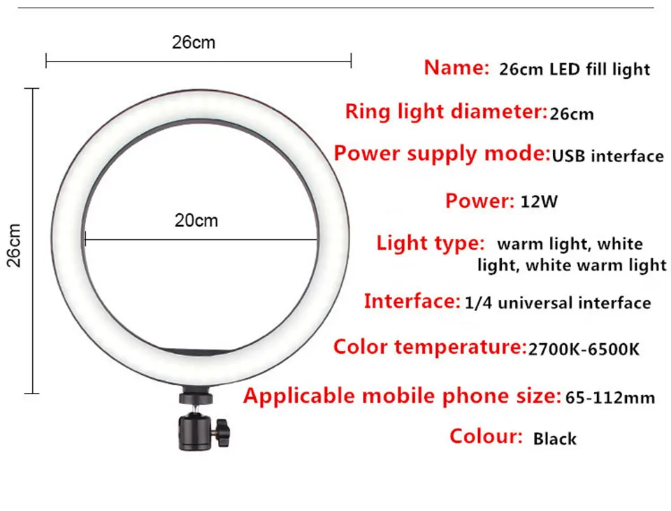 10 дюймов, 26 см, кольцевой светильник с регулируемой яркостью для фотосъемки, светодиодный светильник для селфи 2700-5500 k, лампа с держателем для телефона, 160 см, штатив с usb-разъемом