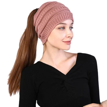 

Autumn And Winter Hat Beanies Knitted Widened Hooded Ponytail Wool Hat Solid Color