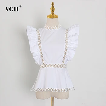 

VGH Korean Ruffles Hollow Out Shirt Female O Neck Sleeveless Patchwork Tunic High Waist Blouse Women Fashion 2020 Clothing New