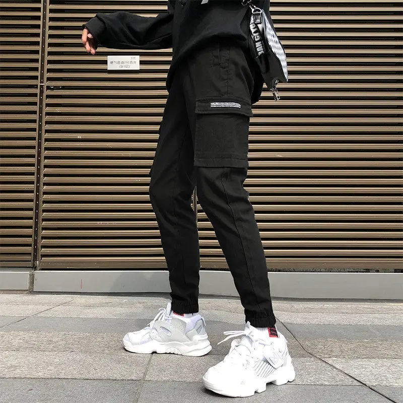 Новинка, модные спортивные штаны в стиле хип-хоп, мужские черные штаны для бега, штаны-шаровары с несколькими карманами, брюки-карандаш для бега, Мужские штаны
