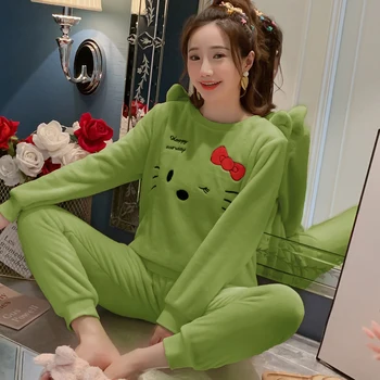 

Flannel Pajamas Women Long Sleeve Cartoon Warm Home Suit Ladies Sleepwear Velvet Pajama Set Thick Female Pyjamas