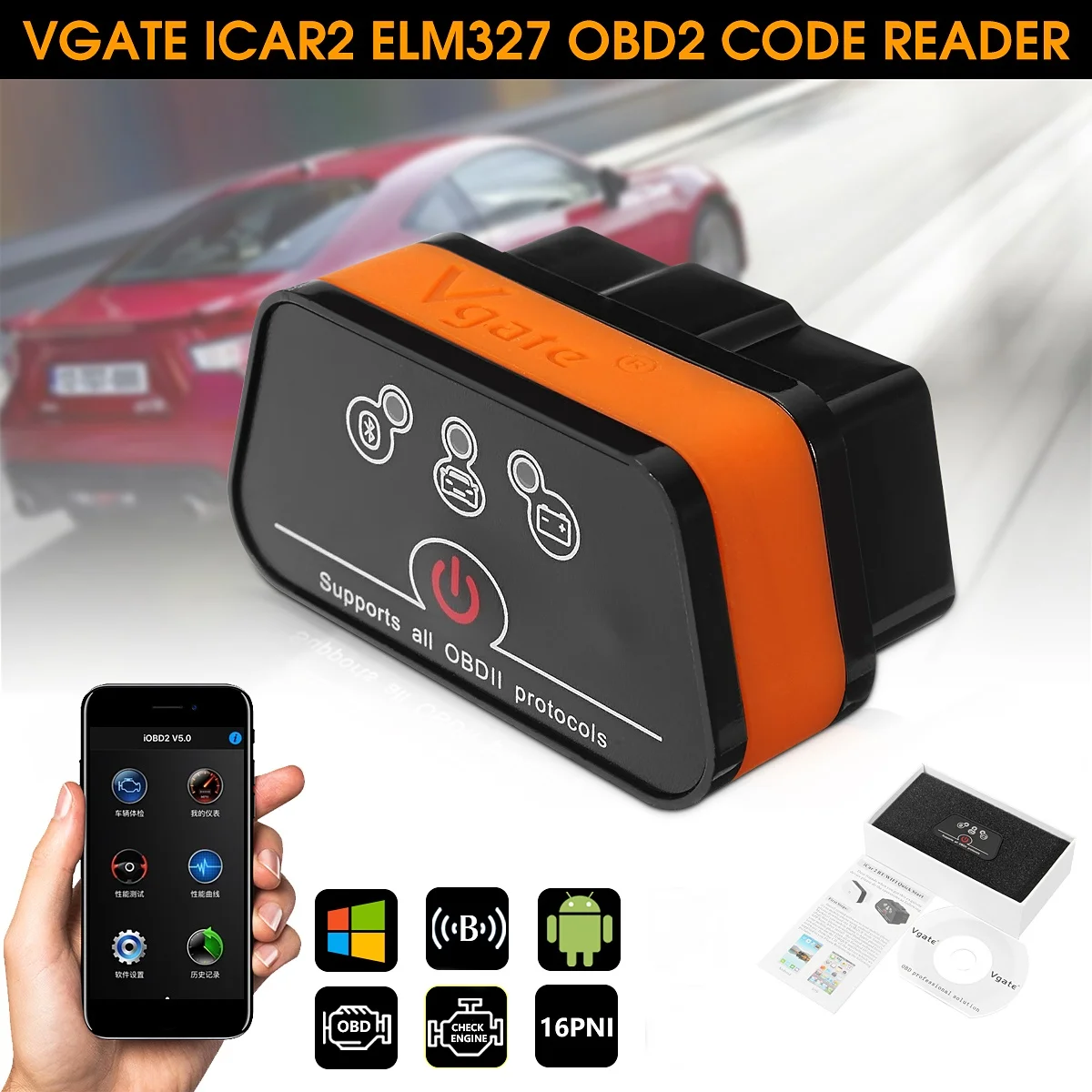 Vgate Icar2 Elm327 V2.1 Bluetooth Obd2 Kódolvasó Diagnosztikai Szkenner Android Ios Iphone Pc Autóipari Eszközök Universal