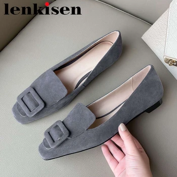 

Lenkisen 2020 new arrival kid suede square toe women slip on flats square buckle gentlewomen streetwear fashion brand shoes L6f1