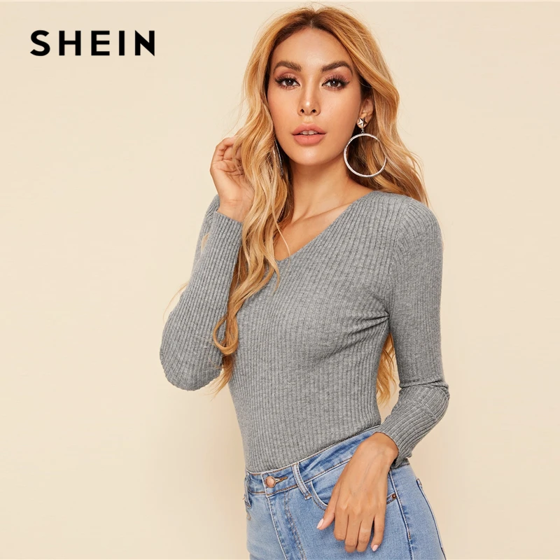 SHEIN однотонный облегающий эластичный свитер Basics с v-образным вырезом для женщин, осень, с длинным рукавом, для офиса, для девушек, в рубчик, вязанный, Повседневный свитер