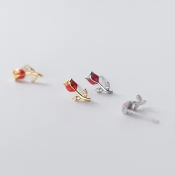 

MIQIAO Red Rose Earrings Gold Female 925 Sterling Silver Women Sweet Zircon Cute Little Jewelry Tiny Stud Charm Ornaments 2020