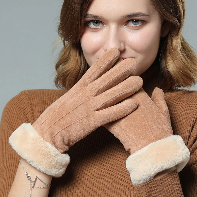 Новые зимние женские перчатки, женские теплые удобные кашемировые перчатки с принтом, двойные толстые плюшевые перчатки для вождения с сенсорным экраном
