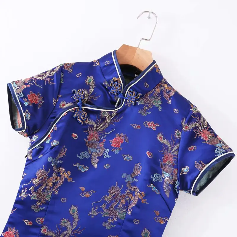 Linjiashop атласное китайское платье chenogsam женская уличная одежда темно синий