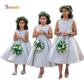 

Sliver Satin A-Line Flower Girls Dresses Scoop Puffy Skirt Tea-Length Child Wedding Party Gowns V Back First Communion WearD1128