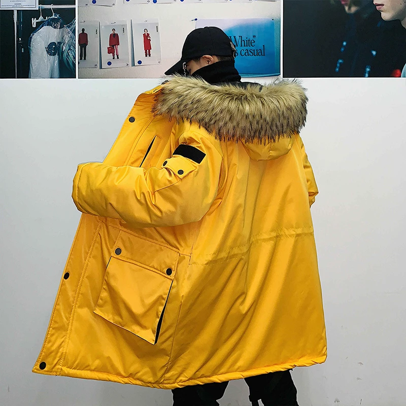 Мужские зимние парки желтого и красного цвета, уличная одежда, плотное пальто с длинным карманом, мода, Повседневная Теплая Куртка Harajuku, пара DG271
