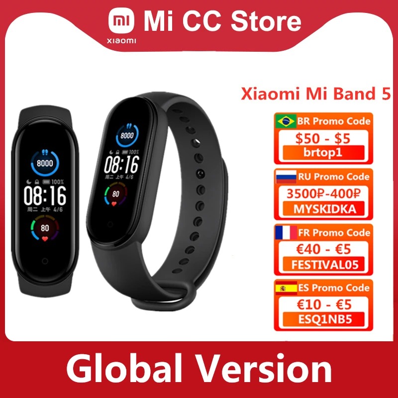 Global Version Xiaomi Mi Band 5 Bracelet Fitness Tracker Wristband 1.1Inch Colorful AMOLED Screen Waterproof Smart Band 5