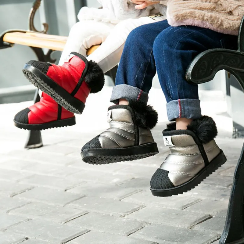 Детские зимние водонепроницаемые ботинки для мальчиков и девочек; толстая теплая нескользящая обувь из искусственной кожи и ПВХ; бархатная обувь;