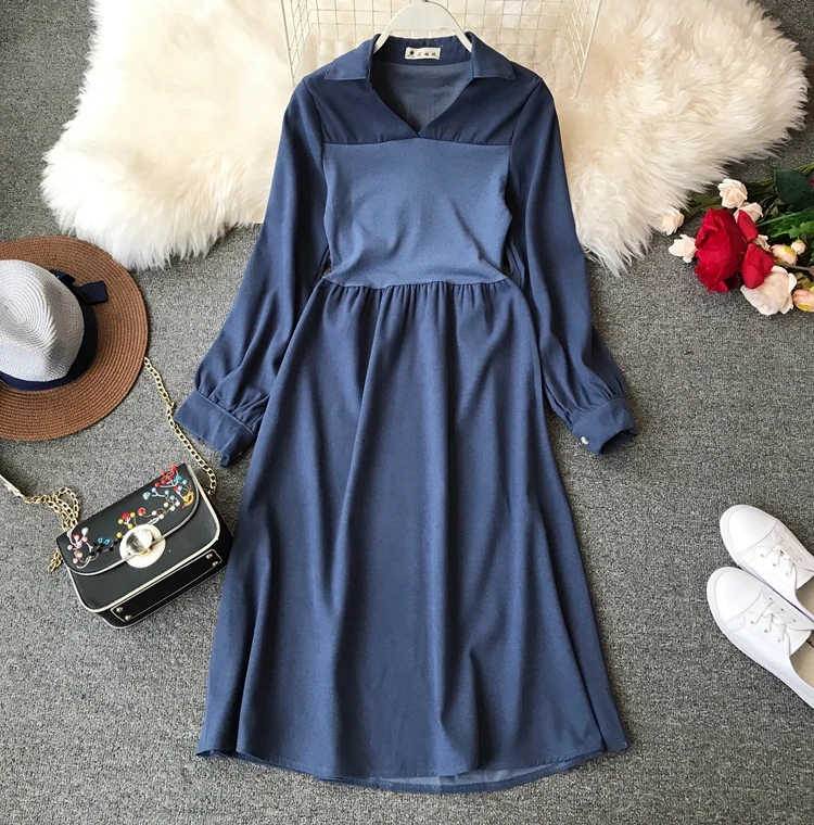 

2019 autumn and winter new temperament lady waist slim slimming long-sleeved long bottom