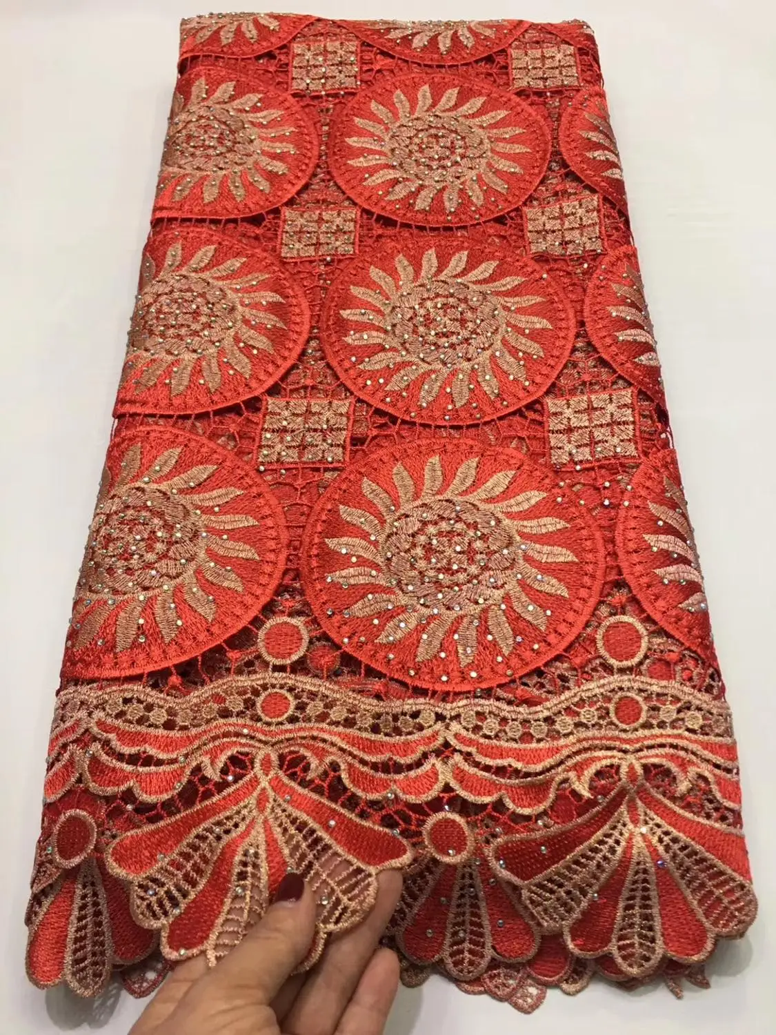 

Special Style Guipure Cord Milk Silk Lace Fabric red 5 Yard Water Soluble Cord Milk Silk Laces With Stones For Party Sew