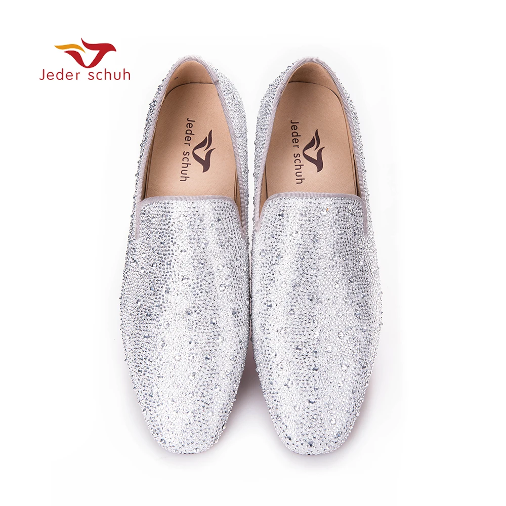 

Handcrafted Luxury Silver Diamonds Men'S Glitter Leather Loafers Suitable For Banquet And Wedding