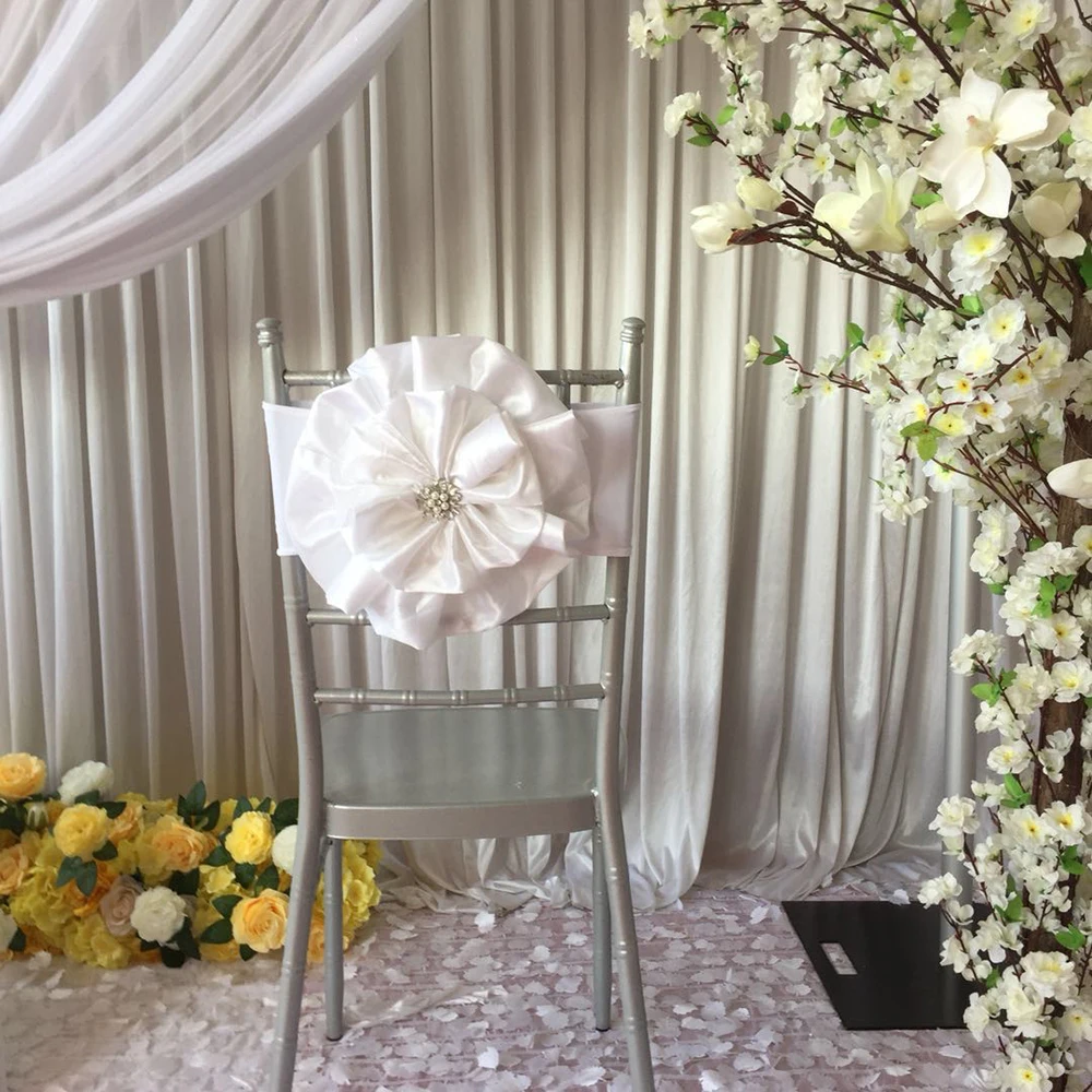 Hot Sale 50pcs or 100pcs White Pink Miracle Taffeta Big Flower With Brooch Spandex Chair Band for Wedding Party | Дом и сад