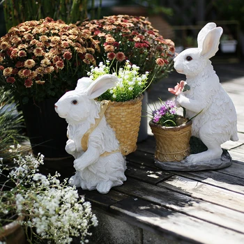 

Home Garden Statue Decor Accessories Courtyard Rabbit Carry A Basket Flower Pot Garden Park Outdoor Landscape Resin Sculpture