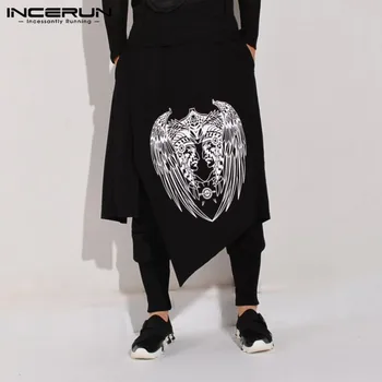 

INCERUN Fashion Men Harem Pants Print Joggers Elastic Waist Streetwear Casual Skirts Pants Harajuku Irregular Trousers Men S-5XL