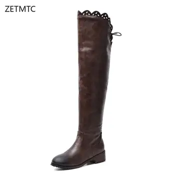 

winter boots women Over-the-Knee Western Round Toe Low heel 3cm Square heel lace Classical retro black Motorcycle boots shoes