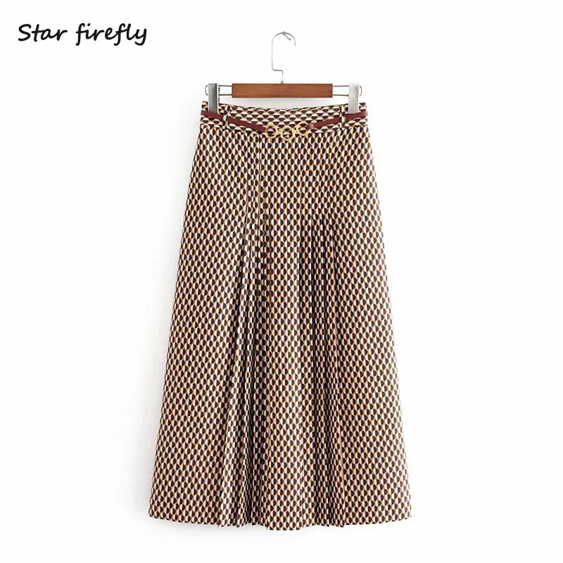 Star firefly модная женская юбка Za, осень, повседневная, свободная, элегантная, с поясом, высокая талия, с принтом, официальная, длинная, Женская юбка