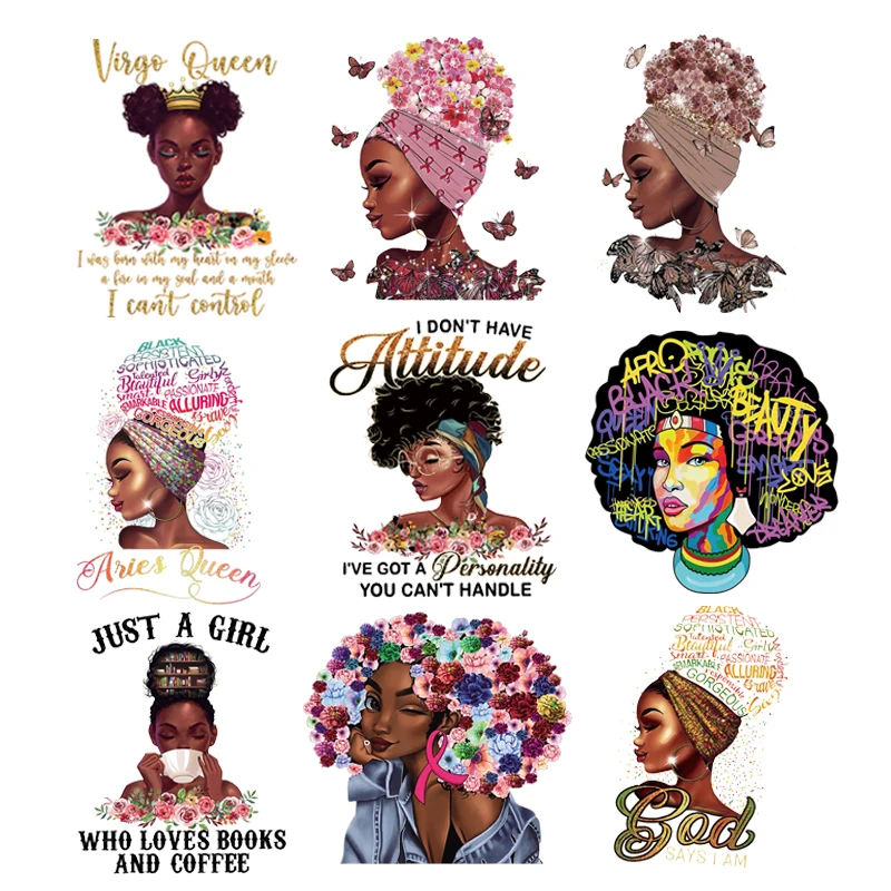 DIY Iron On Heat Transfers Patches On Clothing Stickers Black Women Girl Strips