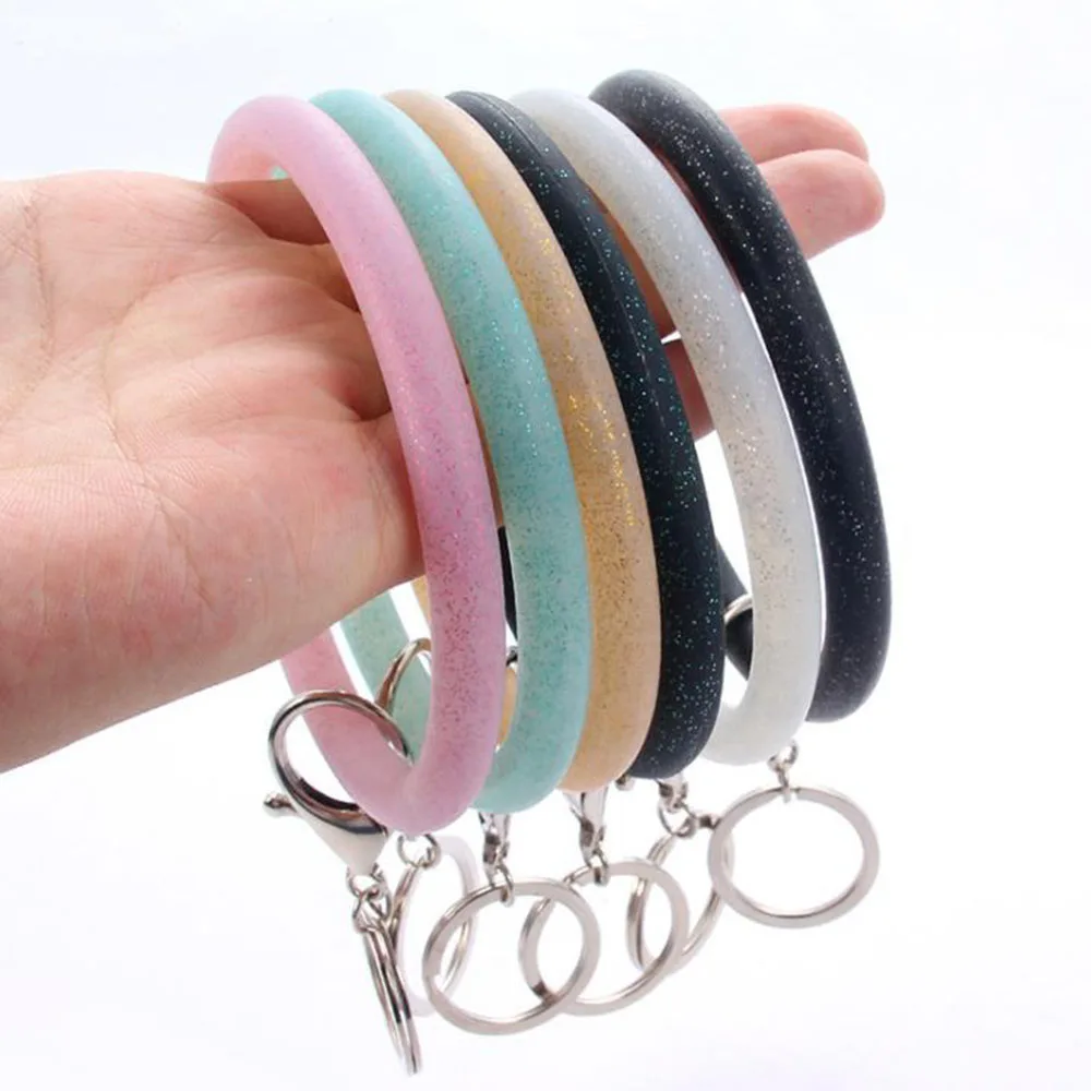 

Fashion Silicone Sequin Sport Keychain For Women Girls Loop Wrist Key Ring Car Key Chain Round Cirlcle Key Wrist Strap Jewelry