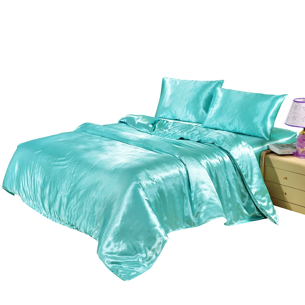 Sky blue Simulation silk quilt cover European and American explosions bedding solid color standard size home textile simulation silk quil - Color: Sky blue