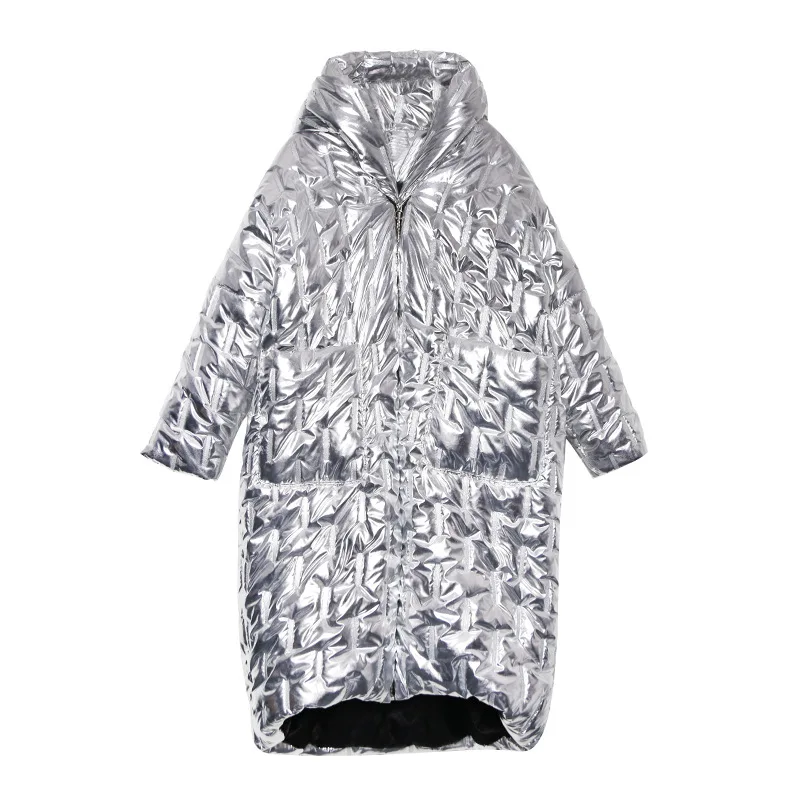 Najtaniej Zima długi płaszcz kobiety moda błyszczący metal srebrny czarny Zip obszerna kurtka ciepłe bawełny wyściełane z kapturem Parka kurtka o nieregularnym kroju