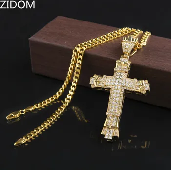

gold silver plated Men hip hop iced out bling cross pendant necklaces with 70cm cuban link chain necklace jewlery drop shipping
