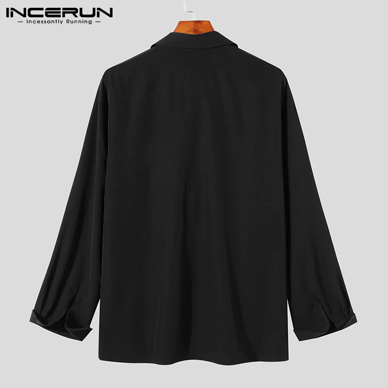 INCERUN Men Casual Shirt Solid Color Lapel Button Long Sleeve Fashion Tops Streetwear Loose Leisure Camisa Masculina S-5XL long sleeve shirt men casual shirt