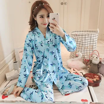 

Long Sleeve Silk Pajamas Set Kimono Style Print Sleepwear 2020 Autumn Women Nightwear Casual Home Cloth Soft Comfortable Pajamas