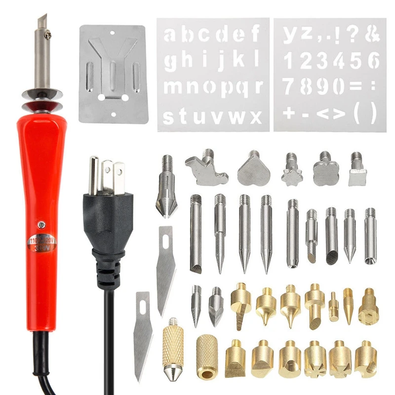 HHO-37Pcs, деревянный комплект для выжигания, набор инструментов, ручка для пирографии, железные наконечники, художественное ремесло, штепсельная вилка США