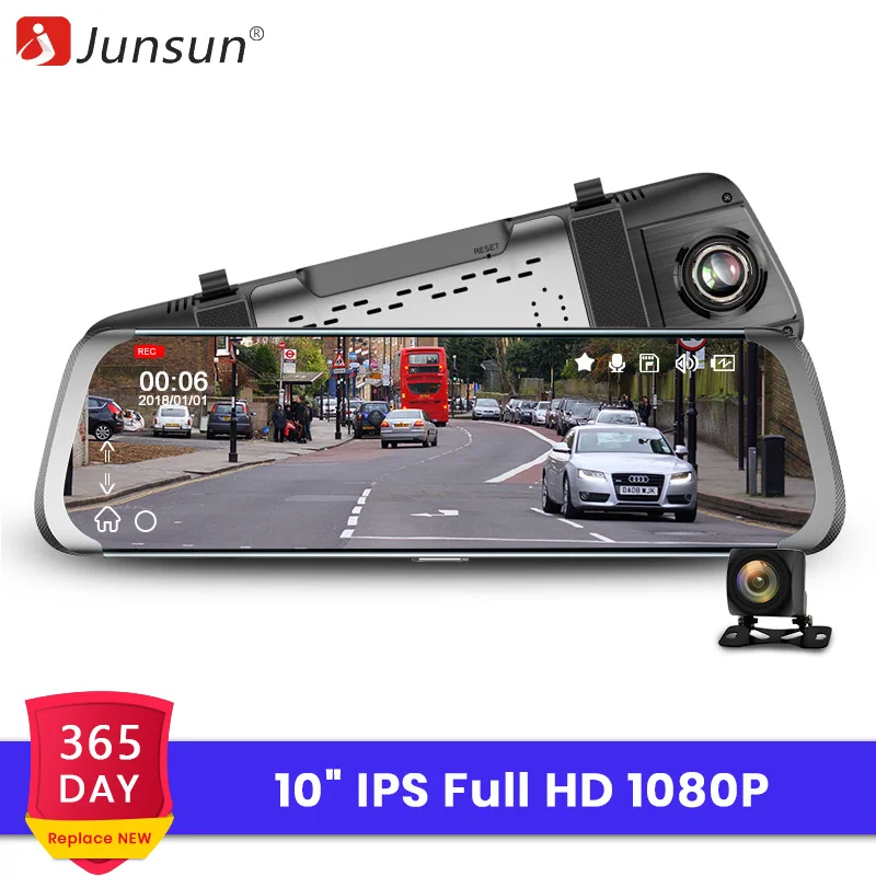 Автомобильный видеорегистратор Junsun 10 "с сенсорным экраном двумя объективами