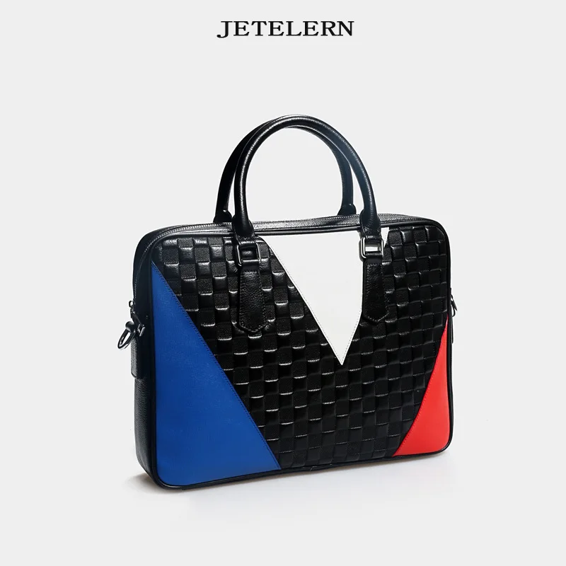 

2019 New unisex genuine leather briefcase men and women handbag 14" laptop shoulder bag portable business official Weaving bags