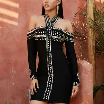 

Fashion 2020 new women black bandage dress sheath Slim halter diamond celebrity evening club party dresses V-Neck summer dress