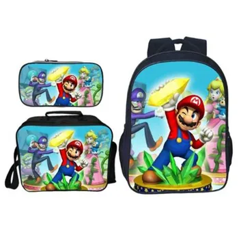 

New Hot 3pcs/Set School Bag Super Mario Printing Backpack Children Combination Bookbag Fashion Boy School Backpack Daily Mochila