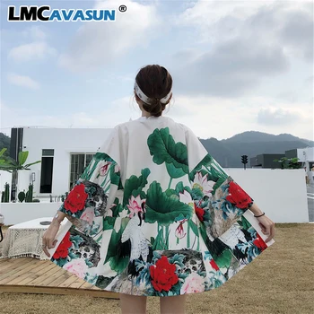 

Unique Women Kimono Cardigan Japanese Style Summer Overcoat Trench Coat with Pocket Lotus Crane Bird Print Loose Polyester Tops