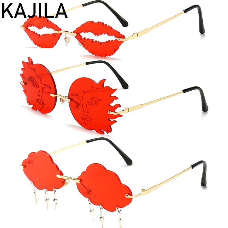 

Vintage Lips Rimless Sunglasses Women 2020 Luxury Brand Funny Party Moon Smiley Frameless Sun Glasses For Woman Gafas De Sol