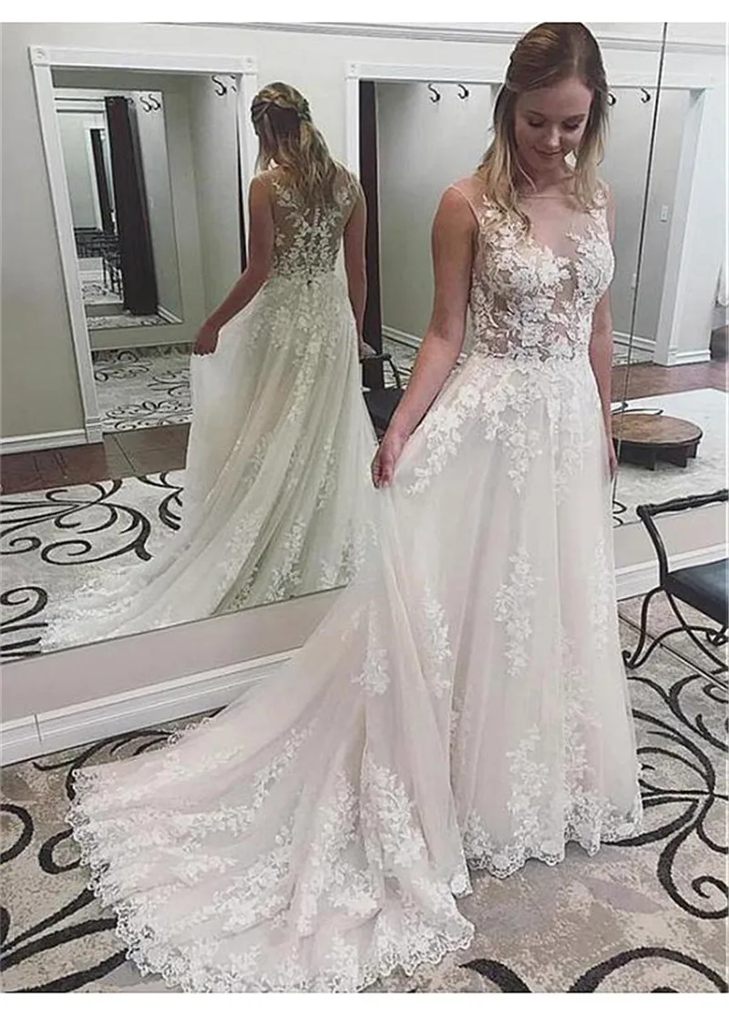

Vintage Scoop Sleeveless Wedding Dress Appliques Lace Illusion See Through Back Bridal Gowns Plus Size Customized For Bride