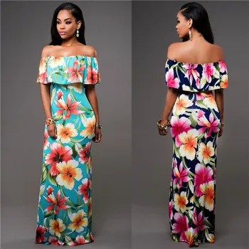 

2155 WOMEN'S Dress Hot Selling Horizontal Neck Printed off-Shoulder Flounced Dress Tube Top Sexy Dress