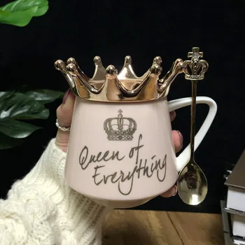 

Pink Crown Cup Nordic Wind INS Mug Strap Spoon Coffee Cup Creative Ceramic Water Milk for Breakfast Cups and Mugs Girl Gift
